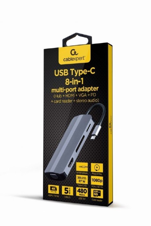 Adapter USB-C 8w1, HDMI, USB-C, PD, VGA, USB 3.1, 2.0, audio, czytnik kart Adapter USB-C 8w1, HDMI, USB-C, PD, VGA, USB 3.1, 2.0, audio, czytnik kart