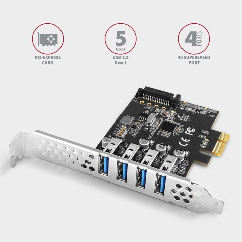 PCEU-43RS Kontroler PCIe 4x port USB 3.2 GEN 1, UASP, chipset Renesas, 15-pin SATA zasilacz, dual power PCEU-43RS Kontroler PCIe 4x port USB 3.2 GEN 1, UASP, chipset Renesas, 15-pin SATA zasilacz, dual power
