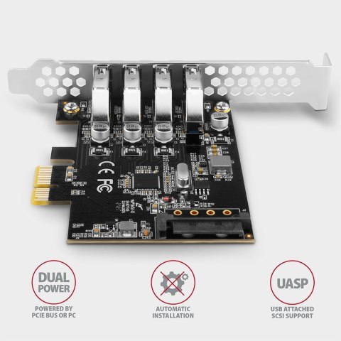 PCEU-43RS Kontroler PCIe 4x port USB 3.2 GEN 1, UASP, chipset Renesas, 15-pin SATA zasilacz, dual power PCEU-43RS Kontroler PCIe 4x port USB 3.2 GEN 1, UASP, chipset Renesas, 15-pin SATA zasilacz, dual power