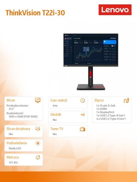 Monitor 21.5 cala ThinkVision T22i-30 WLED LCD 63B0MAT6EU