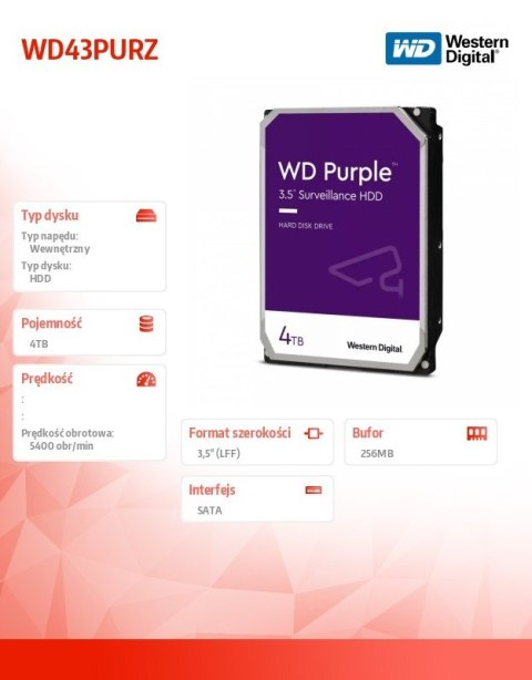 Dysk twardy WD Purple 4TB 3,5 256 MB 5400RPM WD43PURZ Dysk twardy WD Purple 4TB 3,5 256 MB 5400RPM WD43PURZ