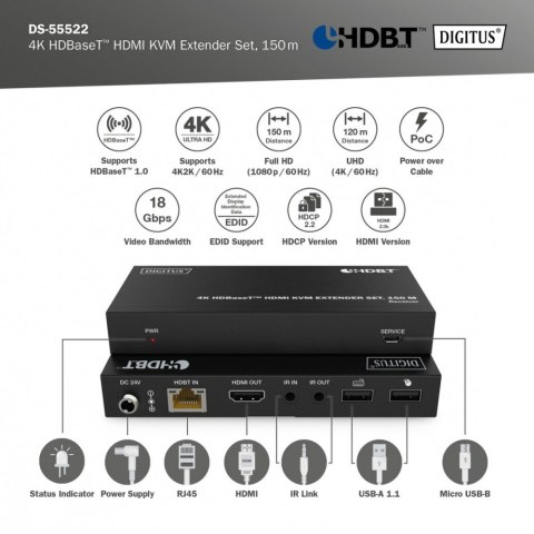 Przedłużacz/Extender HDMI 4K 60Hz 150m po skrętce Cat.6A/7/8 HDBaseT HDCP2.2 IR EDID PoC, zestaw Przedłużacz/Extender HDMI 4K 60Hz 150m po skrętce Cat.6A/7/8 HDBaseT HDCP2.2 IR EDID PoC, zestaw