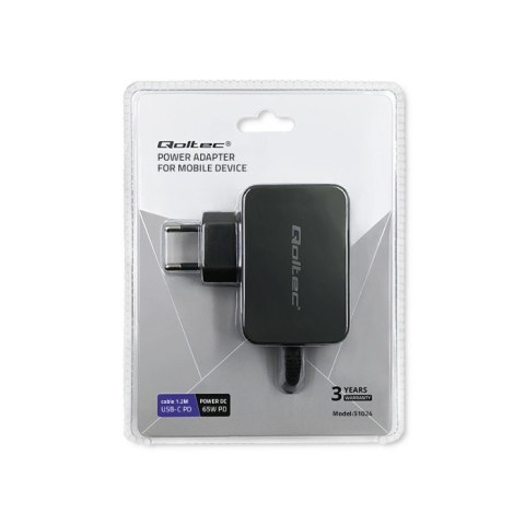 Ładowarka sieciowa 65W | 5-20V | 3-3.25A | USB typ C | PD | Czarna Ładowarka sieciowa 65W | 5-20V | 3-3.25A | USB typ C | PD | Czarna