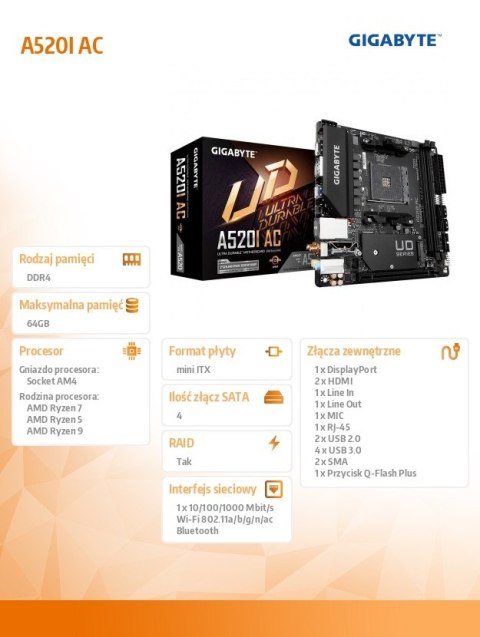 Płyta główna A520I AC AM4 2DDR4 DP/2HDMI mITX Płyta główna A520I AC AM4 2DDR4 DP/2HDMI mITX
