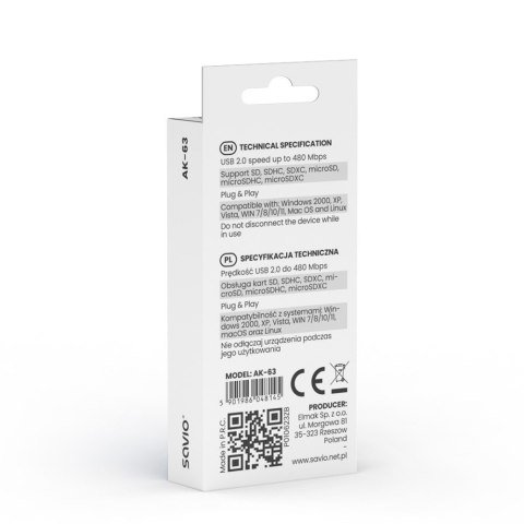 Czytnik kart SD, USB 2.0, 480 Mbps, AK-63 Czytnik kart SD, USB 2.0, 480 Mbps, AK-63