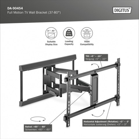 Uchwyt ścienny do TV 37-80" max. obciążenie 60kg, VESA max. 600x400 z regulacją w pionie i poziomie Uchwyt ścienny do TV 37-80" max. obciążenie 60kg, VESA max. 600x400 z regulacją w pionie i poziomie