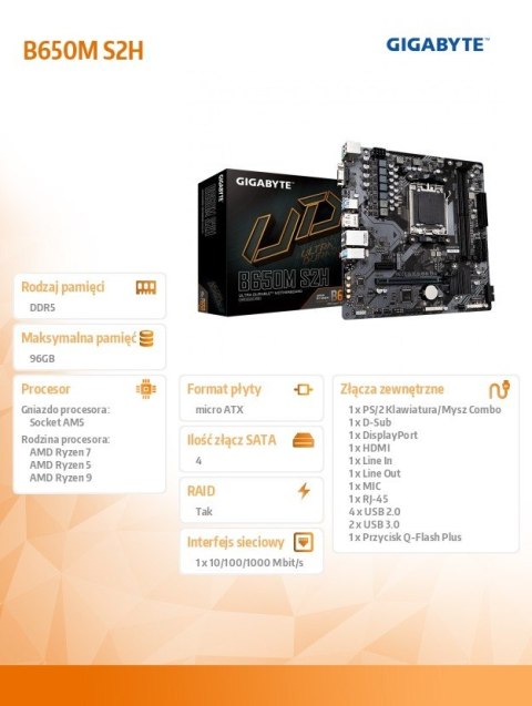 Płyta główna B650M S2H AM5 2DDR5 HDMI/DP M2 m.ATX Płyta główna B650M S2H AM5 2DDR5 HDMI/DP M2 m.ATX