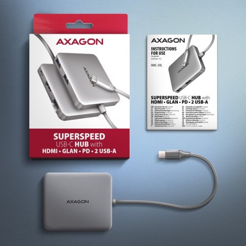 HMC-5HL Wieloportowy hub USB 5in1, 5Gbps, 2x USB-A, HDMI 4K/60Hz, GLAN, PD 100W, 15cm USB-C kabel