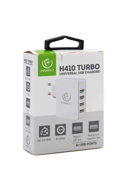 Łarowarka sieciowa H410 TURBO QC3.0 4 porty Wejście sieciowe 100-240V 50/60Hz, maksymalny pobór prądu 0,7A, jeden port USB zgodn Łarowarka sieciowa H410 TURBO QC3.0 4 porty Wejście sieciowe 100-240V 50/60Hz, maksymalny pobór prądu 0,7A, jeden port USB zgodn