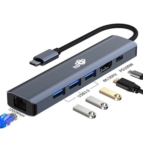 Adapter HUB USB C 6w1 - HDMI, USBx3, PD, RJ-45 Adapter HUB USB C 6w1 - HDMI, USBx3, PD, RJ-45