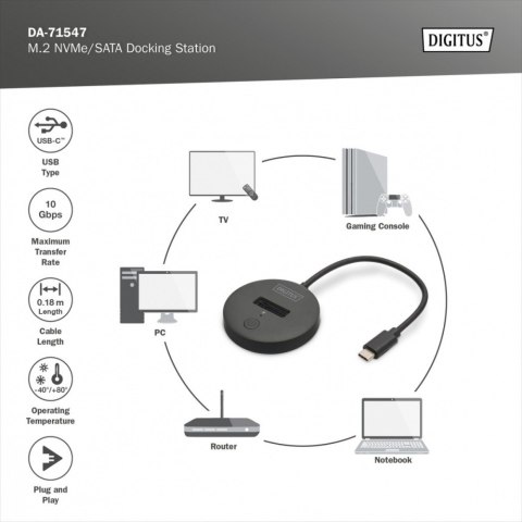 Stacja dokująca do SSD M.2 NVMe/SATA USB-C 3.2 Gen2 10Gbps maks. 4 TB, czarna Stacja dokująca do SSD M.2 NVMe/SATA USB-C 3.2 Gen2 10Gbps maks. 4 TB, czarna