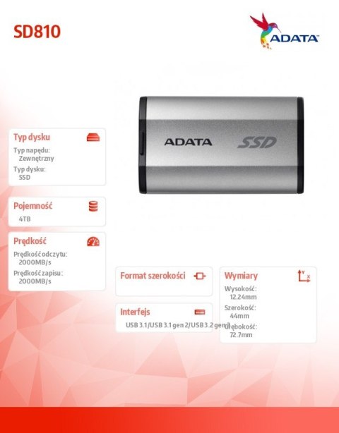 Dysk SSD External SD810 4TB USB3.2C 20Gb/s srebrny Dysk SSD External SD810 4TB USB3.2C 20Gb/s srebrny