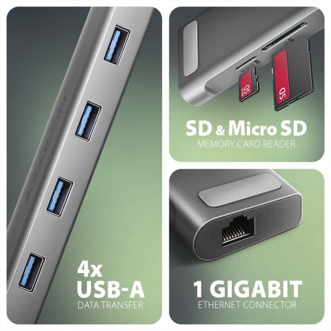 HMC-10HLS Wieloportowy hub USB 9in1, 5Gbps, 4x USB-A, HDMI 4K/60Hz, GLAN, SD/microSD, PD 100W, 25cm USB-C kabel