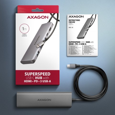 HMC-5H Wieloportowy hub USB 5in1, 5Gbps, 3x USB-A, HDMI 4K/30Hz, PD 100W, 100cm USB-C kabel