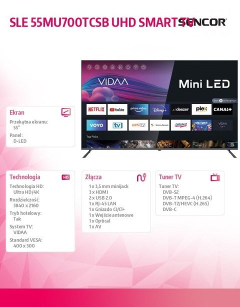 Telewizor Smart 4K SLE 55MU700 Mini LED SMART VIDAA od Hisens Bluetooth Telewizor Smart 4K SLE 55MU700 Mini LED SMART VIDAA od Hisens Bluetooth