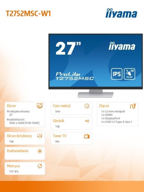 Monitor 27 cali T2752MSC-W1 10 PKT. POJ,IPS,HDMI,DP,2x2USB(3.2),2x1W400cd/m2,7H Monitor 27 cali T2752MSC-W1 10 PKT. POJ,IPS,HDMI,DP,2x2USB(3.2),2x1W400cd/m2,7H