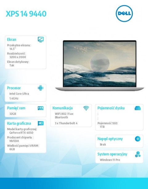Notebook XPS 14 9440/Ultra 7 155H/32GB/1TB SSD/14.5 3.5K Touch/GeForce RTX 4050/WLAN + BT/Backlit Kb/6 Cell/W11Pro