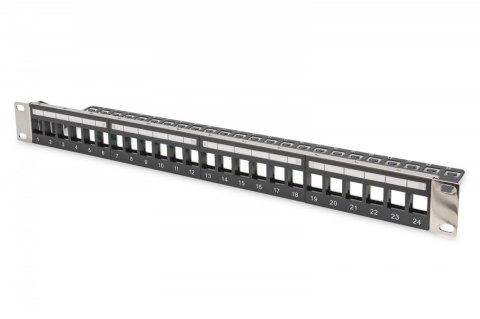 Panel krosowy (patch panel) modularny 19" 24 porty pod moduły keystone, 1U, ekranowany, prowadnica kabli, wymienne pola opisowe Panel krosowy (patch panel) modularny 19" 24 porty pod moduły keystone, 1U, ekranowany, prowadnica kabli, wymienne pola opisowe