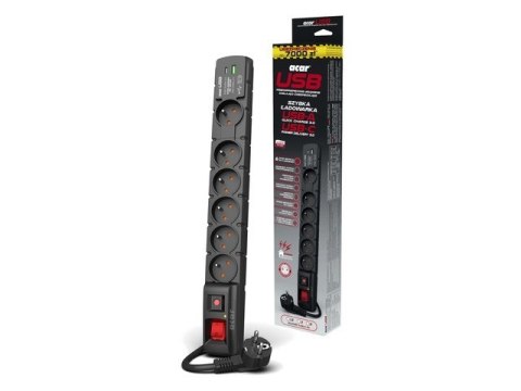 Listwa zasilająca S6 USB A+C 3M 6X 230V PD3.0 QC Czarna Listwa zasilająca S6 USB A+C 3M 6X 230V PD3.0 QC Czarna