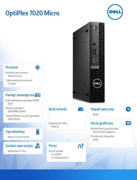 Komputer Optiplex MFF/Core i3-14100T/8GB/256GB SSD/Integrated/WLAN + BT/Kb/Mouse/W11Pro Komputer Optiplex MFF/Core i3-14100T/8GB/256GB SSD/Integrated/WLAN + BT/Kb/Mouse/W11Pro