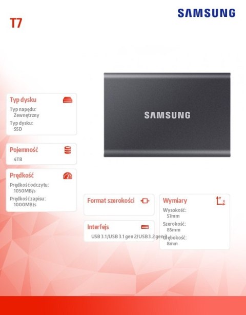 Dysk SSD Portable T7 4TB USB3.2 Gen.2 szary Dysk SSD Portable T7 4TB USB3.2 Gen.2 szary