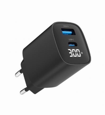 Ładowarka GaN 1xUSB-A 1xUSB-C LCD 30W PD QC3.0 czarna Ładowarka GaN 1xUSB-A 1xUSB-C LCD 30W PD QC3.0 czarna