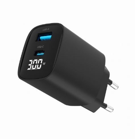 Ładowarka GaN 1xUSB-A 1xUSB-C LCD 30W PD QC3.0 czarna Ładowarka GaN 1xUSB-A 1xUSB-C LCD 30W PD QC3.0 czarna