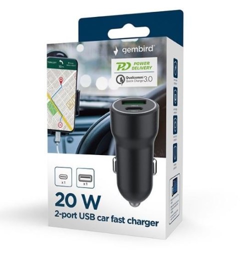 Ładowarka samochodowa USB-A/USB-C 20W PD czarna Ładowarka samochodowa USB-A/USB-C 20W PD czarna
