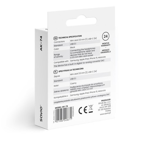 Adapter audio - USB-C Jack 3,5mm AK-74 Adapter audio - USB-C Jack 3,5mm AK-74