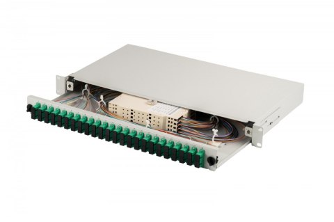 Przełącznica światłowodowa/panel krosowy z wyposażeniem 19 cali 1U, 24x SC APC duplex, OS2, pigtaile, adaptery, tacki, Szary Przełącznica światłowodowa/panel krosowy z wyposażeniem 19 cali 1U, 24x SC APC duplex, OS2, pigtaile, adaptery, tacki, Szary