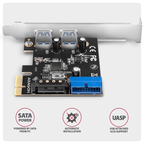 PCEU-232RS Kontroler PCIe 2+2x port USB 3.2 GEN 1, UASP, SP & LP 15-pin SATA zasilacz PCEU-232RS Kontroler PCIe 2+2x port USB 3.2 GEN 1, UASP, SP & LP 15-pin SATA zasilacz