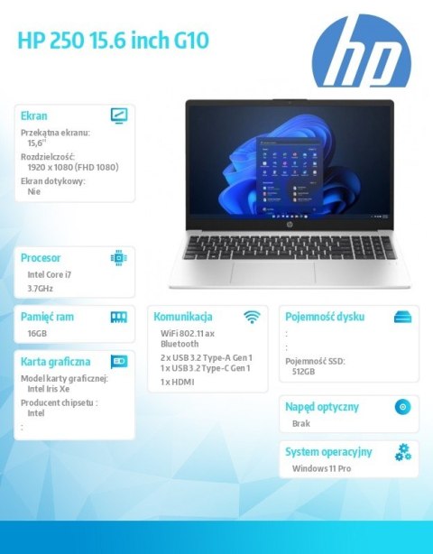 Notebook 250 G10 i7-1355U 512GB/16GB/W11Pro/15,6 cali AD1A8ET Notebook 250 G10 i7-1355U 512GB/16GB/W11Pro/15,6 cali AD1A8ET
