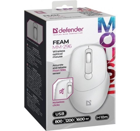 Mysz bezprzewodowa silent click FEAM MM-296 RF 1600 DPI Biała Mysz bezprzewodowa silent click FEAM MM-296 RF 1600 DPI Biała