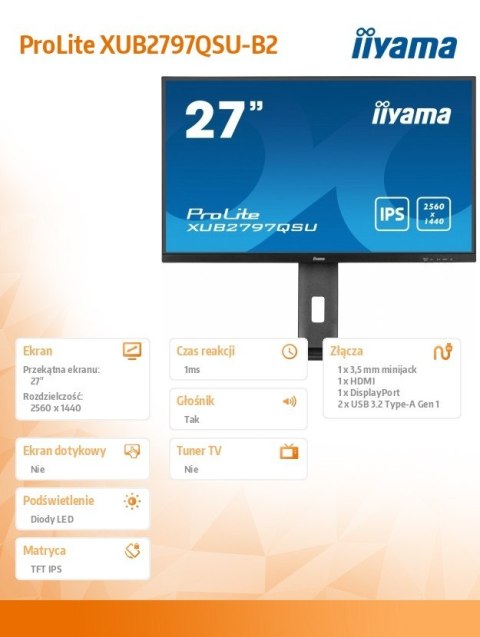 Monitor 27 cali XUB2797QSU-B2 IPS,HDMI,DP,100Hz,QHD,300cd /5y/