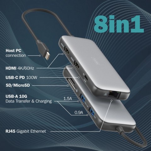 Stacja dokująca USB Typ C 8-portów 2x HDMI 4K/60Hz PD 3.0