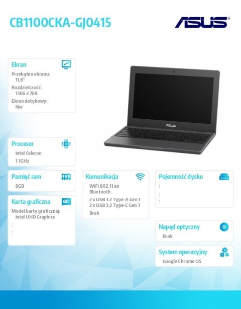 Notebook Chromebook CB1100CKA-GJ0415 - Celeron N5100/8GB/64GB/11.6 cali/ChromeOS/5Y