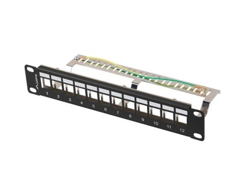 Patch Panel 12 Port 1U 10 cali FTP z organizatorem do modułów keystone czarny Patch Panel 12 Port 1U 10 cali FTP z organizatorem do modułów keystone czarny