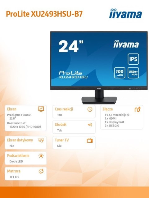 Monitor 24 cale XU2493HSU-B7,IPS.HDMI.DP.2x2W.USBx2,300cd