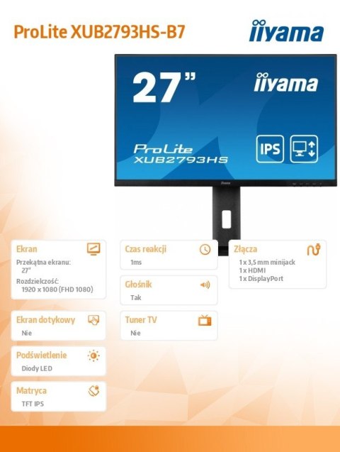 Monitor 27 cali XUB2793HS-B7,IPS,FHD,HDMI,DP,2x2W,300cd Monitor 27 cali XUB2793HS-B7,IPS,FHD,HDMI,DP,2x2W,300cd