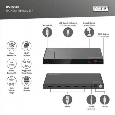 Rozdzielacz/Splitter HDMI 1x4, 8K/60Hz (4:4:4) z HDR, 48 Gbps, HDCP 2.3. Toslink / Stereo, EDID Rozdzielacz/Splitter HDMI 1x4, 8K/60Hz (4:4:4) z HDR, 48 Gbps, HDCP 2.3. Toslink / Stereo, EDID