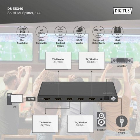 Rozdzielacz/Splitter HDMI 1x4, 8K/60Hz (4:4:4) z HDR, 48 Gbps, HDCP 2.3. Toslink / Stereo, EDID Rozdzielacz/Splitter HDMI 1x4, 8K/60Hz (4:4:4) z HDR, 48 Gbps, HDCP 2.3. Toslink / Stereo, EDID