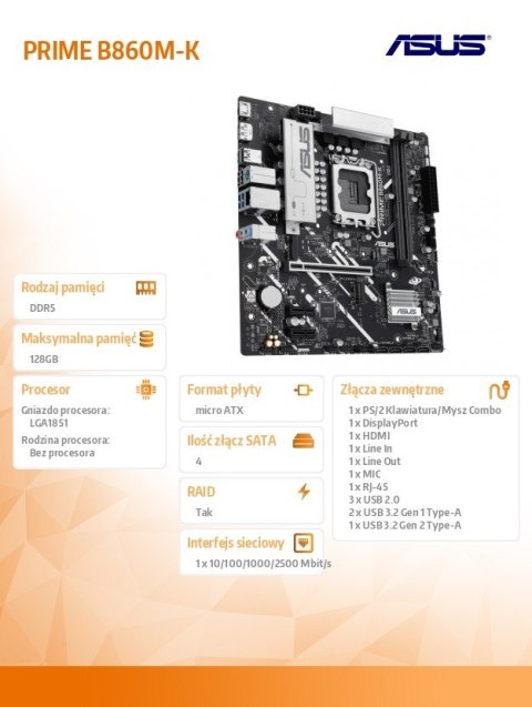 Płyta główna PRIME B860M-K s1851 XDDR5 USBC mATX Płyta główna PRIME B860M-K s1851 XDDR5 USBC mATX
