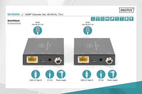 Przedłużacz / Extender HDMI 70m po skrętce kat.5e/6/7 4K 60Hz PoC (Power over Cable) (zestaw)