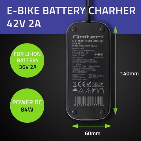 Ładowarka do roweru skutera elektrycznego 36V | 42V | 2A | 5.5*2.1 | wodoodporna + kabel zasilający