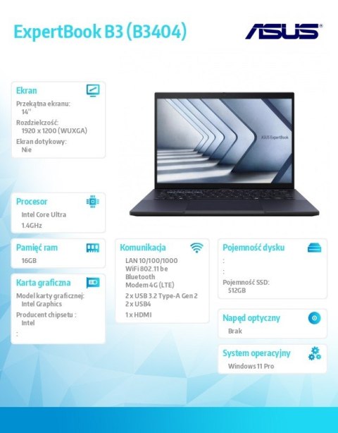 Notebook ExpertBook B3 B3404CMA_L-Q50455X - ultra 7 155H/16GB/512GB/LTE/14 WUXGA/Win 11 PRO/3YRS