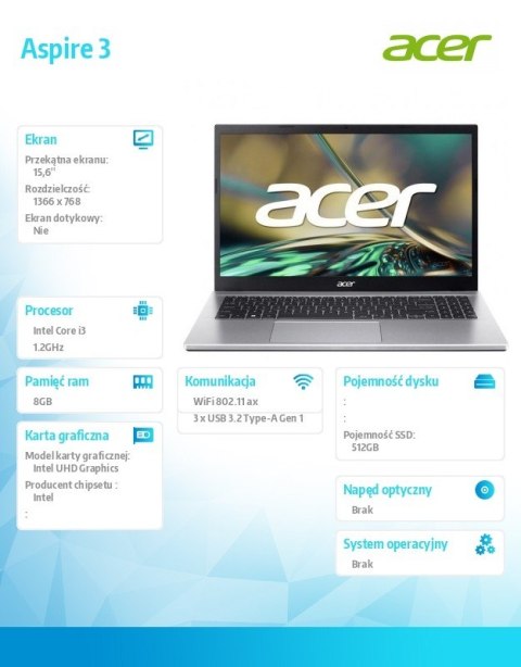 Notebook Aspire 3 A315-59-32SX i3-1215U 15.6" 8GB 512GB NoOS Srebrny