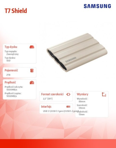 Dysk SSD T7 Shield 2TB USB 3.2, beżowy Dysk SSD T7 Shield 2TB USB 3.2, beżowy