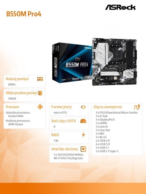 Płyta główna B550M Pro4 AM4 4DDR4 HDMI/DP/D-SUB M.2 mATX Płyta główna B550M Pro4 AM4 4DDR4 HDMI/DP/D-SUB M.2 mATX
