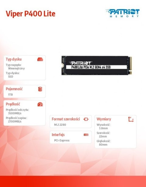 Dysk SSD 1TB Viper P400 Lite 3500/2700MB/s PCIe M.2 Gen 4x4 NVMe1.4 Dysk SSD 1TB Viper P400 Lite 3500/2700MB/s PCIe M.2 Gen 4x4 NVMe1.4