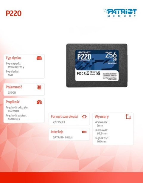 Dysk SSD 256GB P220 550/490 MB/s SATA III 2,5 Dysk SSD 256GB P220 550/490 MB/s SATA III 2,5